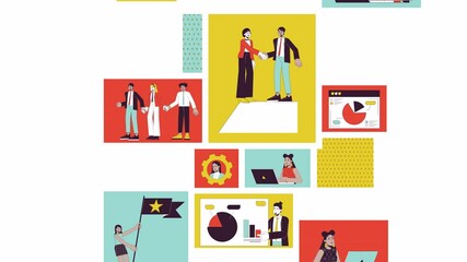 Poster - Corporate workers success bento grid animation. Team leader teamwork, pie charts. Remote employees laptops collage motion 4K video web design. Animated cartoon characters collection mood board