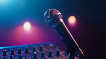 Aufkleber - Professional microphone positioned for a singer or speaker on a stage lit by vibrant colors, with a mixing console in the foreground, enhancing the live performance atmosphere