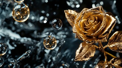 Wall Mural - Golden Rose in Aquatic Setting, Sparkling Bubbles