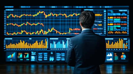 Poster - market analyst: a pensive businessman stands before a massive display of dynamic stock market data, 