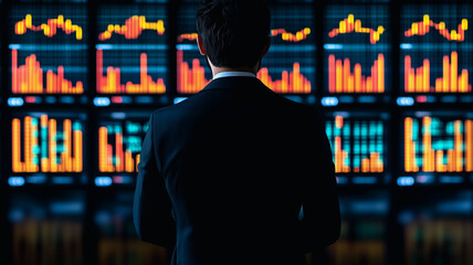 Wall Mural - Market Strategist: A lone figure, silhouetted against a wall of vibrant data screens displaying dynamic stock market graphs.