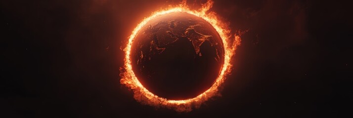 Poster - Ring of fire surrounding planet earth from space representing global warming and climate change, burning planet with continents and oceans engulfed in flames, environmental disaster concept