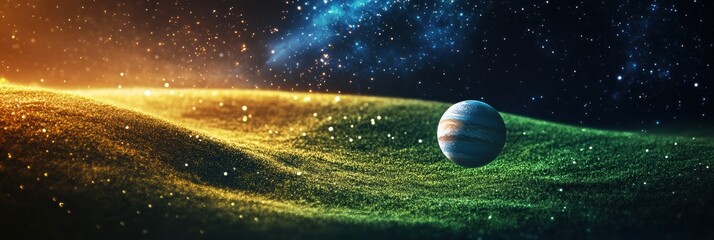 Poster - Colorful galaxy with swirling nebula and glowing planets under a vast starry sky. Generative AI