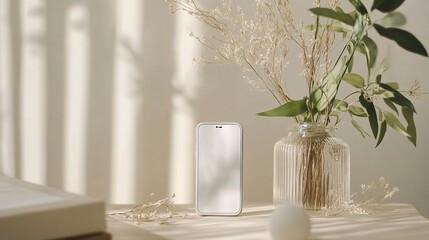 Poster - Smartphone with blank screen displaying near vase with flowers on table