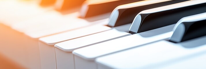 Poster - Warm sunlight illuminates the polished black and white keys of a piano keyboard, creating an inviting scene for music composition, practice, or performance