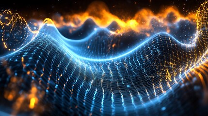 Fototapete - Abstract glowing waves with blue grid and orange particles on black background