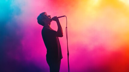 Poster - Young male singer passionately singing into microphone on stage, illuminated by vibrant, colorful spotlights and smoke, creating a captivating atmosphere