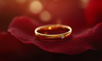 Wall Mural - Golden Wedding Ring on Red Rose Petal Closeup