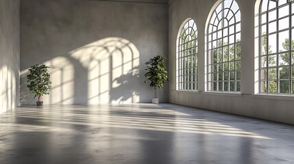 Aufkleber - Sunlight illuminating empty industrial loft interior with large arched windows and plants