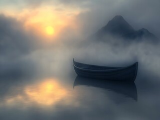 Wall Mural - misty lake sunrise boat tranquil scene reflections mountains peaceful dawn