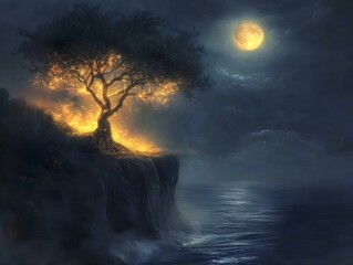 Wall Mural - moonlit seascape lone tree tranquil scene dark blues silvers full moon