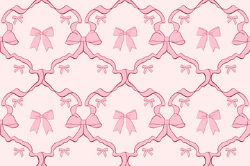 Seamless checkered pattern with ribbon bows. Cute coquette style wallpaper, vintage elegant hand drawn background in pastel colors. Decoration for wedding, Valentine's day, print, gifts, packaging.