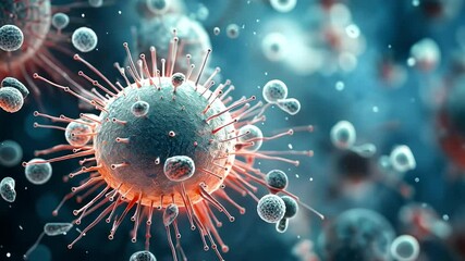 Aufkleber - Microscopic World of a Virus: A close-up, 3D illustration of a virus particle, showcasing its intricate structure with spiky protein coat and numerous smaller particles in the background.