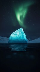 Poster - Glowing iceberg floating in the dark arctic waters with aurora borealis illuminating the night sky, creating a breathtaking polar landscape