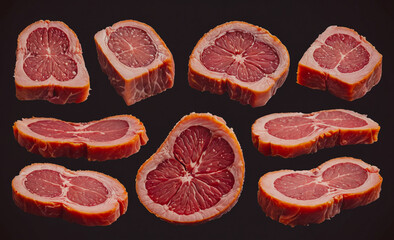 Poster - A close up of various cuts of meat, including a grapefruit. Concept of abundance and variety, as there are many different types of meat and fruit on display