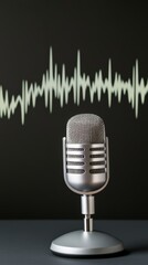 Poster - Silver retro microphone is recording music in a studio, with sound waveform displayed on the screen in the background, representing audio recording, singing, podcasting, and broadcasting