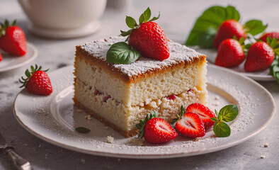 Poster - A slice of cake with strawberries and powdered sugar on top. The cake is cut in half and placed on a white plate