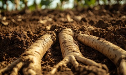 Wall Mural - Harvested Cassava Roots in Rich Brown Soil