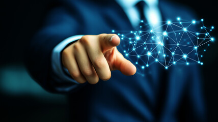 Poster - Connecting the Dots:  A businessman,  confident and focused, points at a glowing network of connections, symbolizing the power of digital interconnectedness.