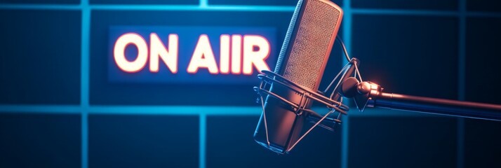 Poster - Studio condenser microphone transmitting a live broadcast, illuminated by a vibrant on air sign in a dark recording studio, creating an evocative atmosphere of sound and communication