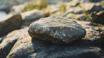 Poster - Gray stone resting on another rock in nature setting