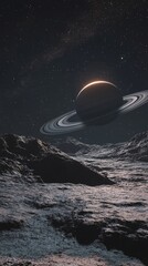 Wall Mural - A digital illustration of a ringed planet above a textured rocky surface in space