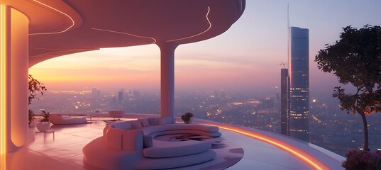 Poster - A futuristic urban apartment with smart home technology, modular furniture, and panoramic views 