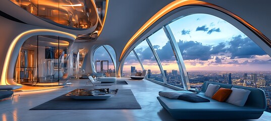 Poster - A futuristic urban apartment with smart home technology, modular furniture, and panoramic views 
