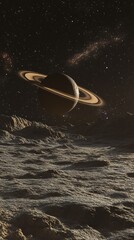 Wall Mural - Ringed planet view from a rocky surface with a dark starry sky background showing constellations