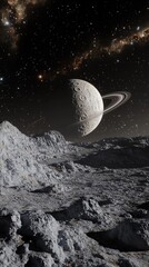 Wall Mural - A rocky moon landscape with a ringed planet in the sky and a star field backdrop