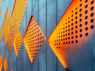 Poster - Abstract Architectural Background with Geometric Patterns and Warm Lighting, Showcasing Perforated Metal and Textured Surfaces in Urban Environment