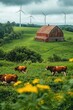 © Viktoriia - Lush green landscape features grazing cows near rustic barn and