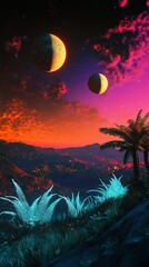 Wall Mural - Exoplanet landscape with two moons and vibrant sunset, celestial scenery with alien plants