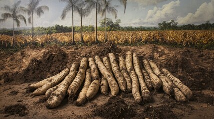 Wall Mural - Harvested Cassava Roots in Tropical Field Setting