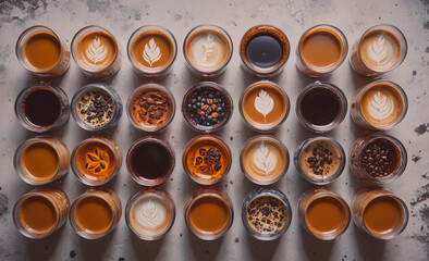 Aufkleber - A row of coffee cups with different flavors and designs. The cups are arranged in a neat row, with some cups having leaves on them. Concept of variety and creativity in the coffee flavors