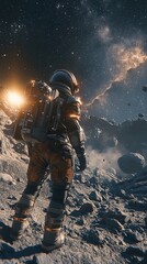 Wall Mural - A lone astronaut explores a rocky extraterrestrial landscape under a starry sky