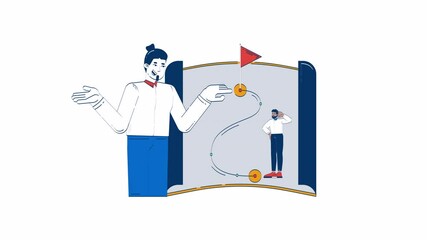 Poster - Guiding path to success hand drawn whiteboard animation. Male professional explaining roadmap with flag destination 4K video. Career planning animated doodle handdrawn concept pencil drawing
