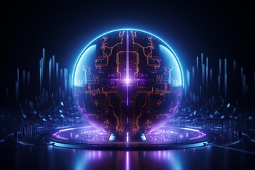 Poster - Illuminated sphere with intricate circuitry in a futuristic setting. Generative AI