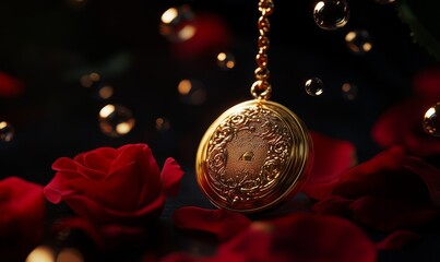 Wall Mural - Ornate Golden Pendant Among Red Roses and Bubbles