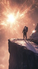 Wall Mural - Astronaut stands on a rocky cliff, observing an enormous celestial explosion in the space