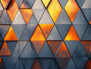 Poster - Abstract geometric pattern of metallic triangles illuminated by warm orange light creating a striking visual effect for modern design applications and architecture