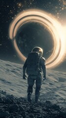 Wall Mural - Astronaut explores a rocky lunar surface with a glowing black hole in the distance