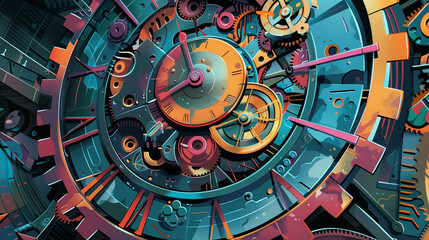 Poster - A cel-shaded clockwork mechanism with vibrant colors and sharp lines.