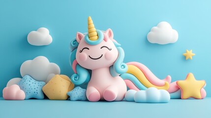 Wall Mural - Cute unicorn sitting amongst clouds and stars on a light blue background. 3D render.