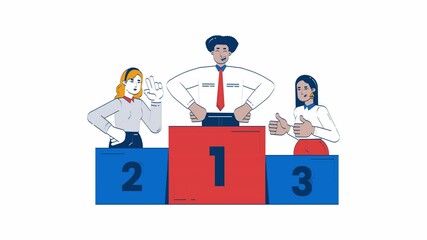 Poster - Employees recognition hand drawn whiteboard animation. Three professionals standing on winner podium 4K video. Career triumph. Business competition animated doodle handdrawn concept pencil drawing