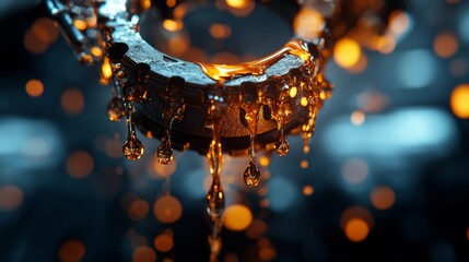 Golden Oil Dripping from Metallic Surface Abstract Macro Photography of Fluid Dynamics and Industrial Aesthetics