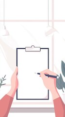 Aufkleber - Businessman holding a clipboard and writing notes with a pen, symbolizing planning, strategy, and investment in a modern office environment with minimalist design
