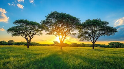 Wall Mural - African savanna sunset with trees, grassland, and distant woods