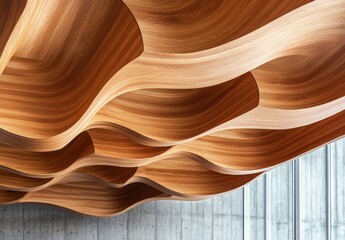Poster - Abstract wooden ceiling design showcasing intricate wave patterns and a blend of warm tones for a modern architectural aesthetic in interior spaces