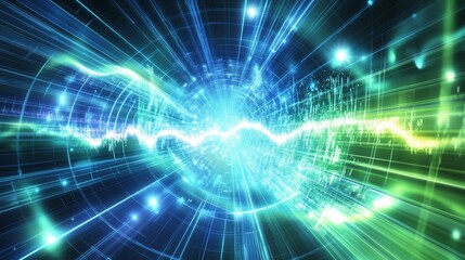 Fototapete - Abstract Light Tunnel with Wavy Electrical Discharge and Geometric Grid Background